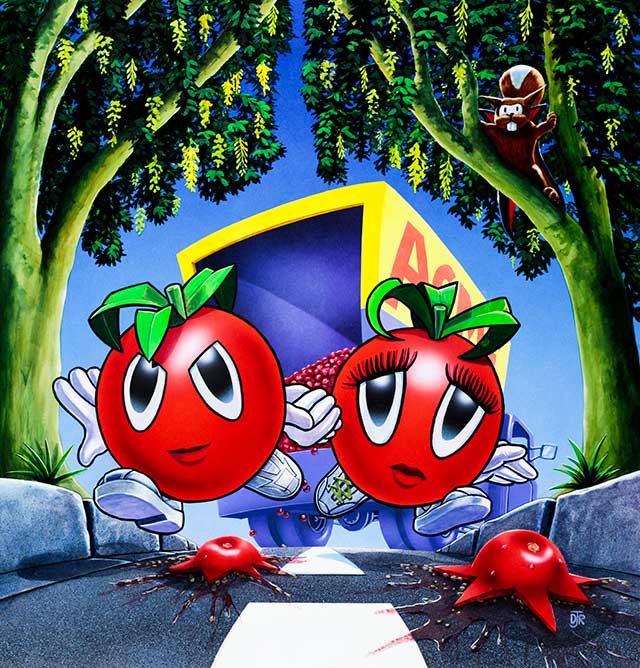 The cover shows the hero and heroine tomatoes escaping the vegetable truck and running hand in hand towards us.
