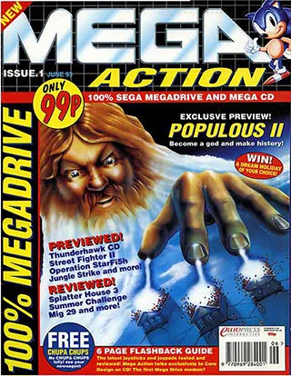 The front cover of Mega Action magazine with all the elements in place.