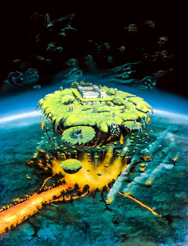 A scan of the finished Populous cover artwork depicting a large chunk of land being fierly and forcibly ejected from the planet surface.