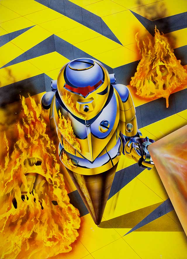 A robot spins like a top across a geometric landscape, surrounded by fire.