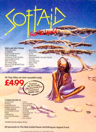 The full page ad carried a list of games that had been donated to the product and announced the inclusion of the Band Aid single.