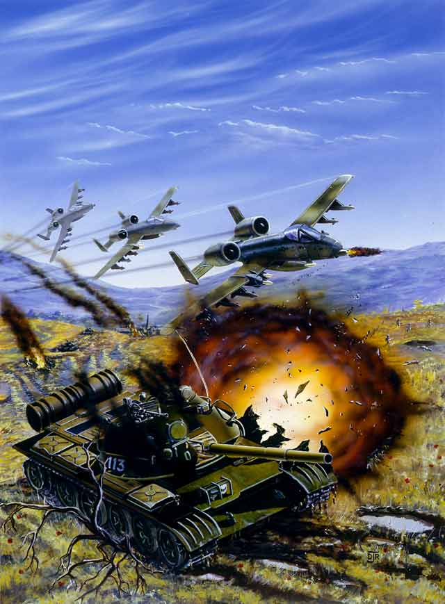 Warthog A-10 tankbusters attack a Russian T62 tank in the fields of Europe.