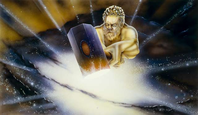 An image of Thor smashing and moulding a galaxy.