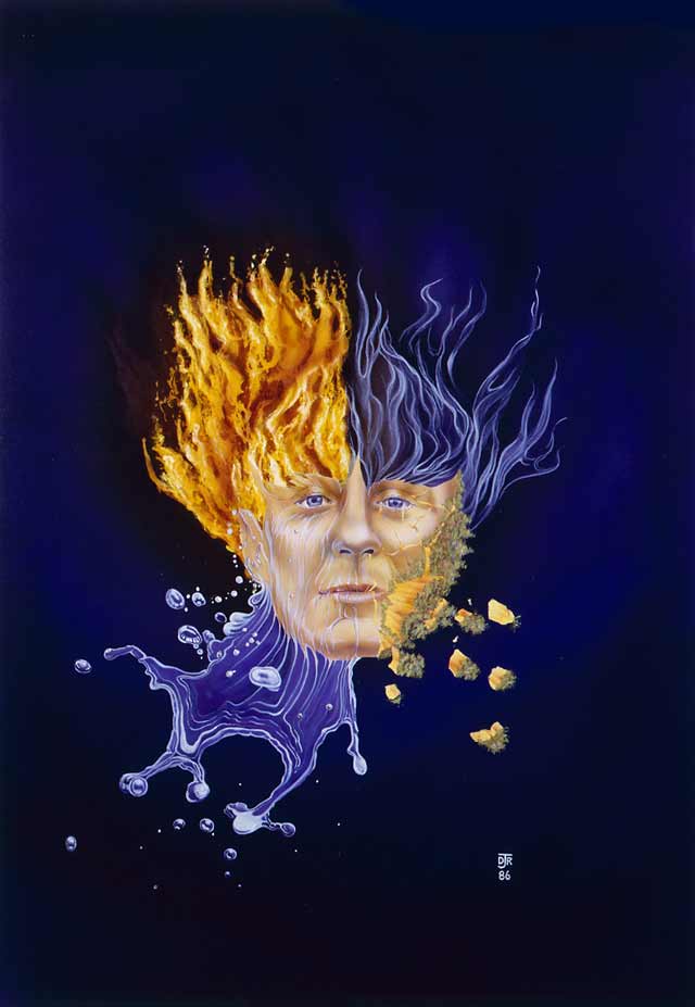 The cover image depicts a head forming out of the four elements, Eart, Water, Fire and Air