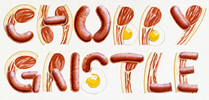 The Chubby Gristle logo formed from a greasy fry up of sausage, egg and bacon.
