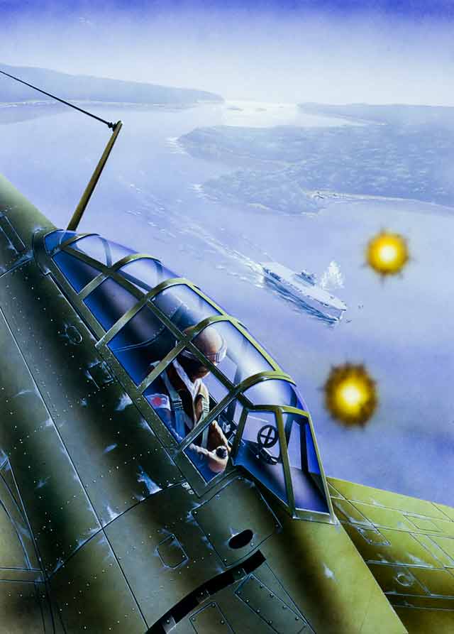 The illustration shows a closeup of a Zero plane with pilot looking down on an aircraft carrier distant land can be seen through the mist.